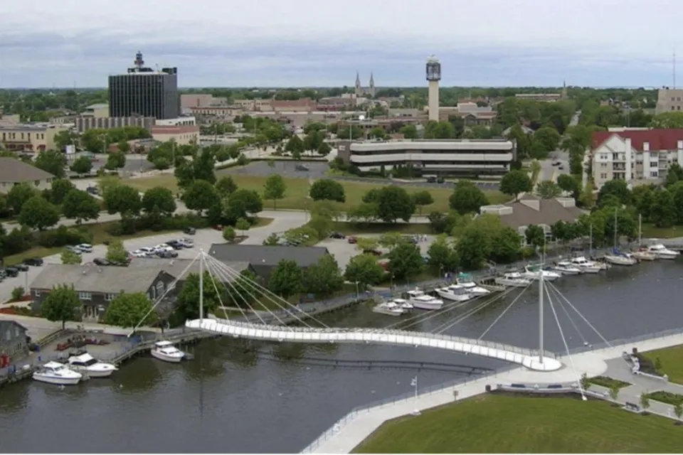 A conceptual rendering of a cable-stayed bicycle and pedestrian bridge over the Sheboygan River in Sheboygan, Wisconsin